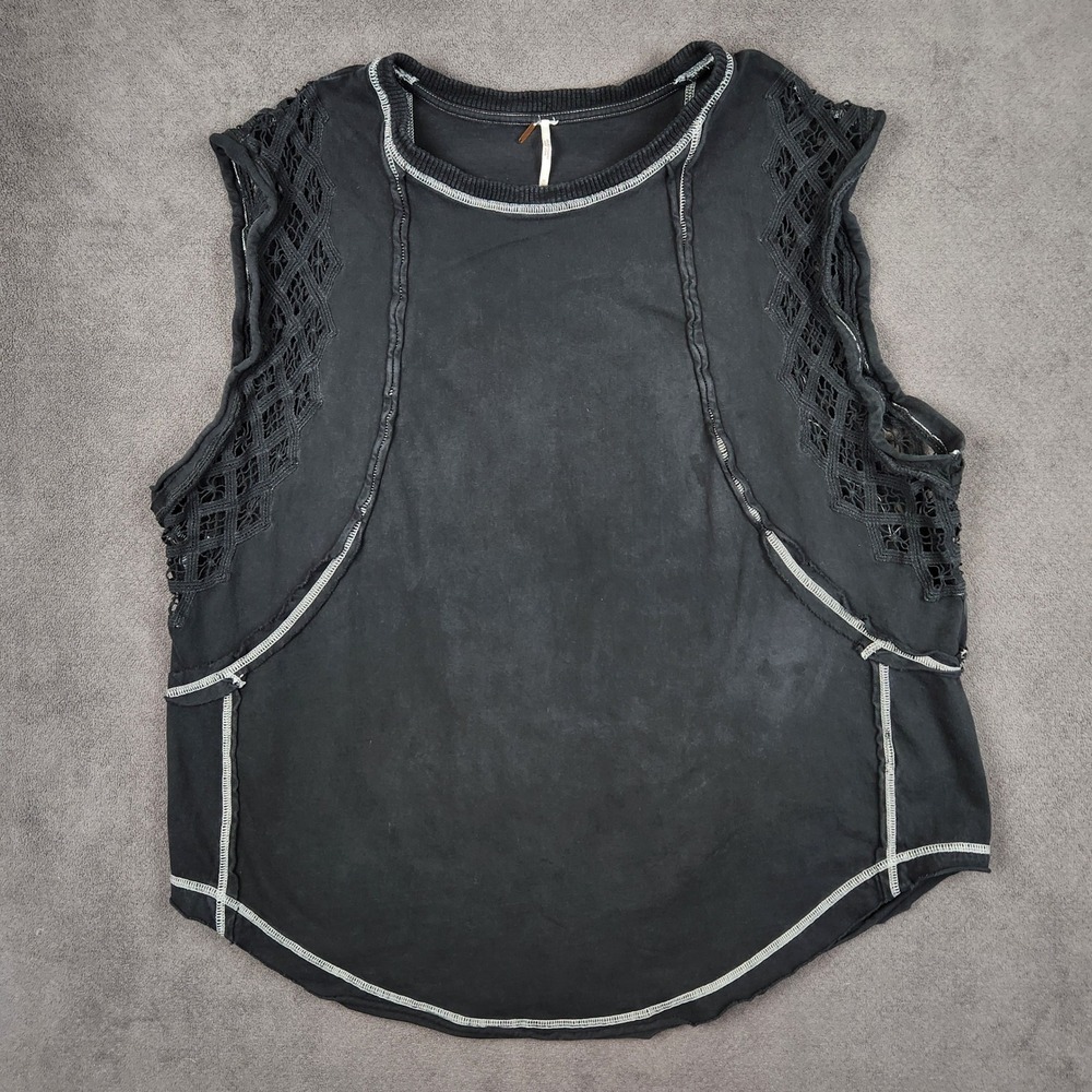Free People Table For Two Top Womens Medium Black Crochet Lace Raw Hem Contrast